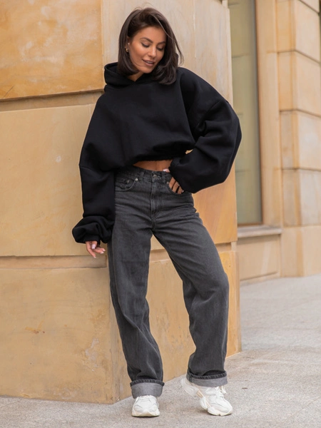 Dresowa bawełniana BLUZA kangurka z kapturem o krótszym kroju bluzowana czarna X304
