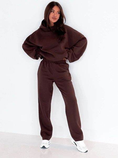 Dresowe bawełniane SPODNIE z wysokim stanem luźny krój brązowe E359 k01