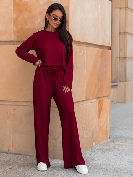 Codzienny komfortowy KOMPLET z wiscozy luźna bluzka z długim rękawem i szerokie spodnie bordowy X318