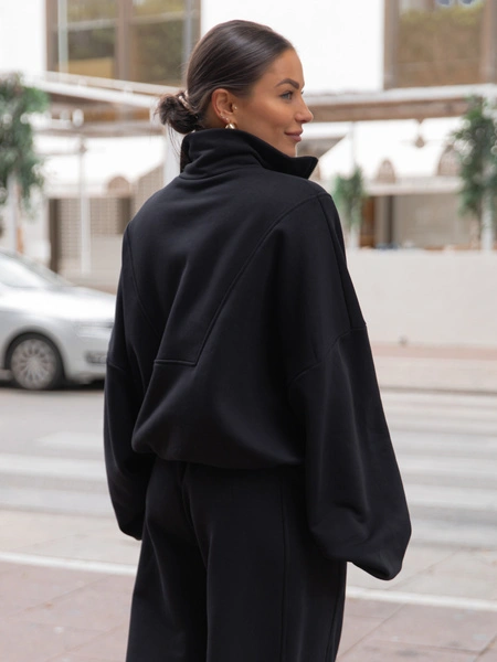 Oversizowa bawełniana BLUZA z dresu drapanego na stójce z zamkiem czarna X477