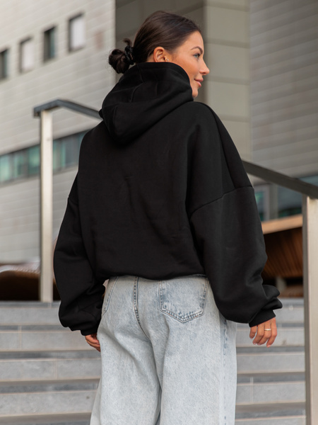 Viralowa Bawełniana BLUZA z drapanego dresu z kapturem na stójce z kieszeniami kangurka czarny E1