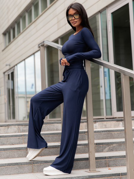 Wiskozowy KOMPLET dopasowana bluzka z długim rękawem i luźne spodnie navy blue E351