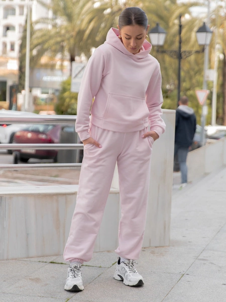 Dresowy bawełniany KOMPLET bluza z kapturem kangurka i spodnie baby pink X550