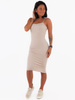 Bawełniana ołówkowa sukienka midi na cienkich ramiączkach z prążka beżowa c310 k01