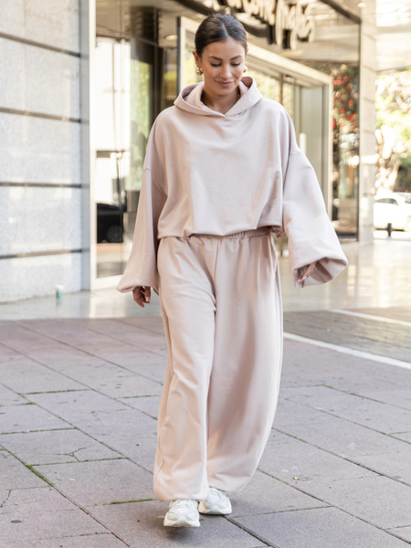 Bawełniana dresowa BLUZA z kapturem oversize z szerokimi rękawami z dresu pętelkowego beżowa X515