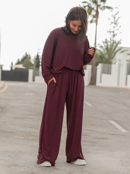 Luźny codzienny KOMPLET z wiscozy oversizowy t-shirt i luźne spodnie śliwkowy X475