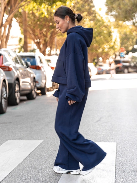 Bawełniane dresowe SPODNIE szeroki krój bez ściągaczy z dresu drapanego navy blue X512