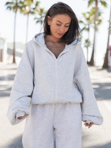 Oversizowa BLUZA z kapturem zapinana na zamek bluzowana kangurka z bawełnianej dresówki szary melanż X1