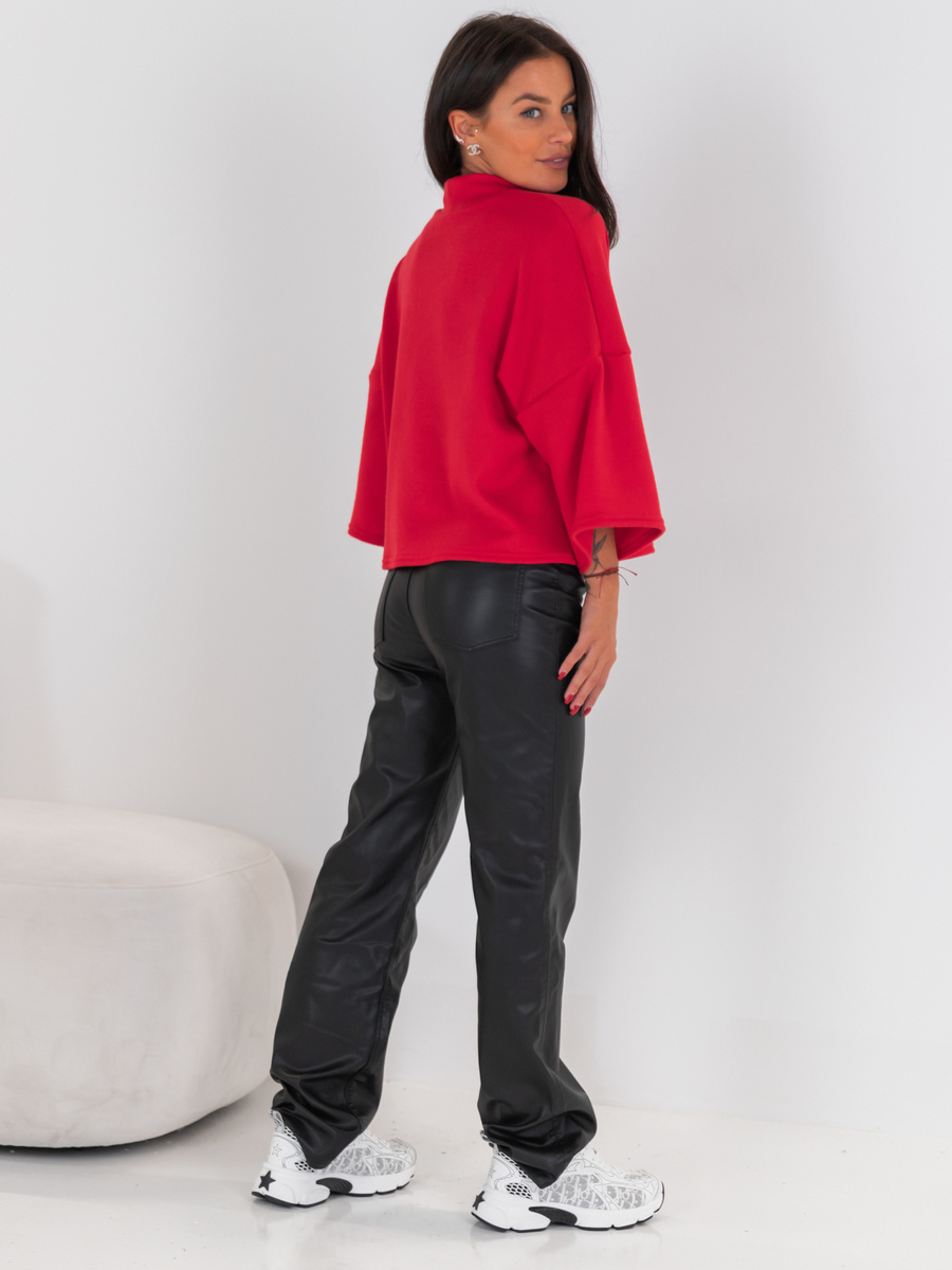 Luźny SWETER z krótszym rękawem o prostym kroju czerwony E513 k01