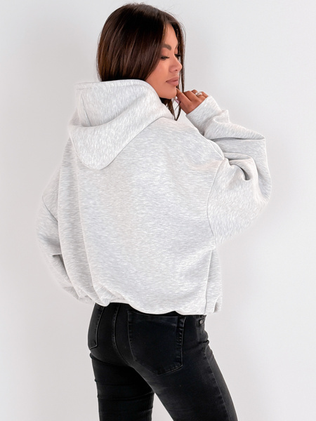 Bawełniana dresowa BLUZA oversize z kapturem na stójce z zamkiem szary melanż E536 k01