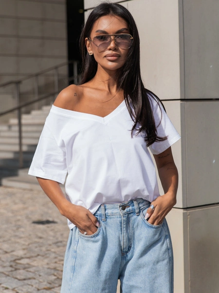 Bawełniany T-SHIRT bluzka z krótkim rękawem z dekoltem V biała X404