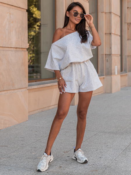 Dresowy bawełniany KOMBINEZON z krótkimi spodenkami szary melanż X263