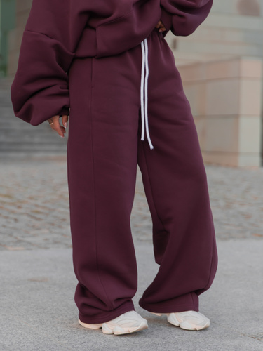 Dresowe bawełniane SPODNIE oversize ze średnim stanem z przeszyciami deep plum / śliwkowe X401