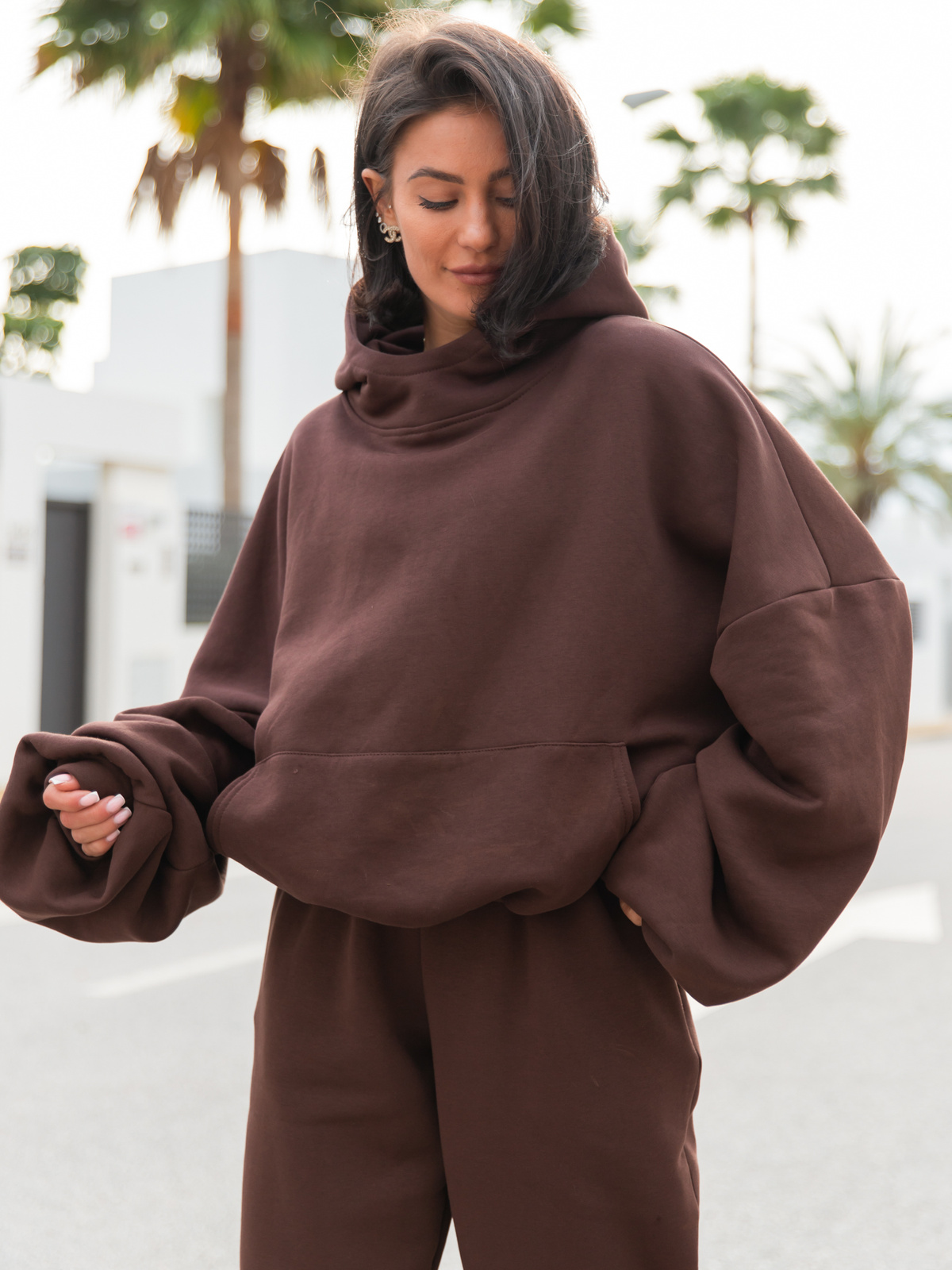 Viralowa Oversizowa bawełniana BLUZA dresowa z kapturem bluzowana kangurka brązowa X2 k01