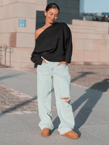 Dresowa bawełniana BLUZA opuszczana na ramiona oversize szeroka czarna X413 k01