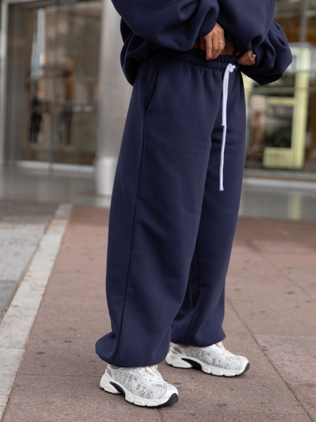 Dresowe bawełniane SPODNIE baggy niski stan navy blue X403