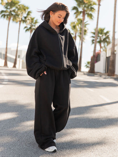 Oversizowa BLUZA z kapturem zapinana na zamek bluzowana kangurka z bawełnianej dresówki czarna X1