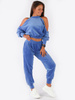 WELUROWY DRES KOMPLET BLUZA ODKRYTE RAMIONA+SPODNIE niebieski B178 k01