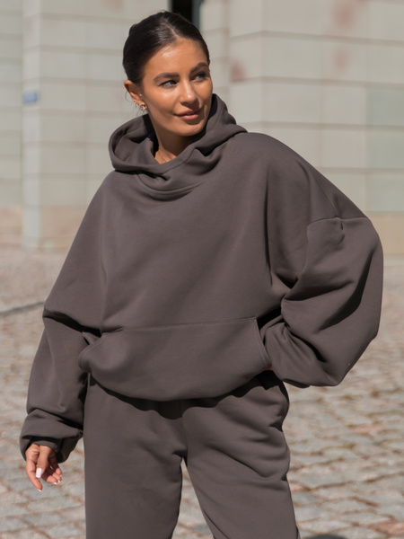 Viralowa Bawełniana BLUZA z drapanego dresu z kapturem na stójce z kieszeniami kangurka dark mokka E1