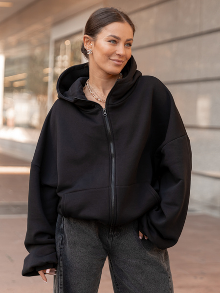 Bawełniana oversizowa BLUZA z kapturem zapinana na zamek z dresu drapanego czarna X508