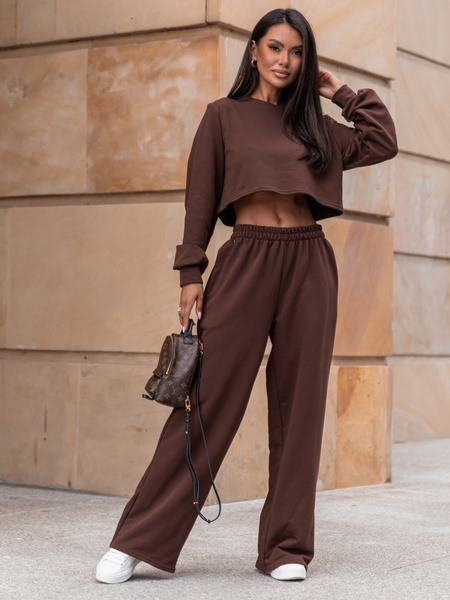 Dresowy bawełniany KOMPLET oversizowa bluzka z długim rękawem i luźne spodnie z szerokimi nagawkami czekoladowy X303