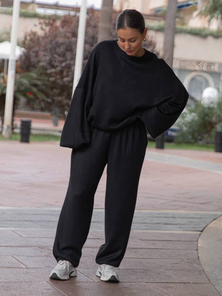 Codzienny KOMPLET dres ze swetrowej dzianiny oversizowa bluza i luźne spodnie ze ściągaczami czarny X452