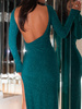 Elegancka brokatowa SUKIENKA maxi z asymetrycznym wycięciem na plecach zielona E654 k01