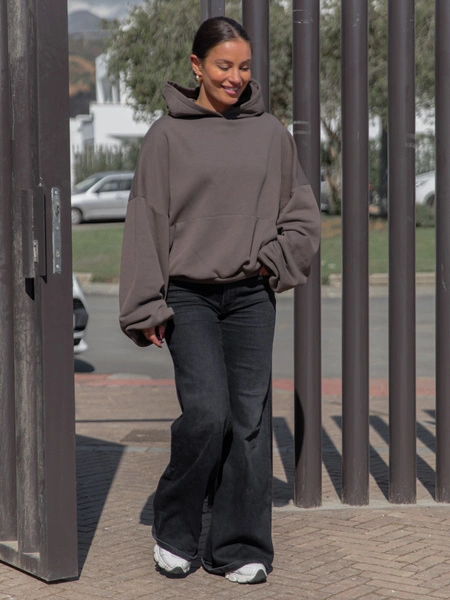 Viralowa Dresowa bawełniana BLUZA z kapturem oversize szeroka dark mokka E644