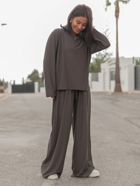 Luźny codzienny KOMPLET z wiscozy oversizowy t-shirt i luźne spodnie dark mokka X475