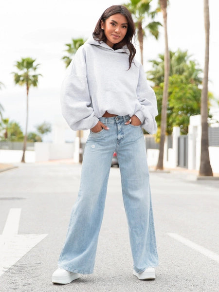 Viralowa Dresowa bawełniana BLUZA z kapturem oversize szeroka szary melanż E644