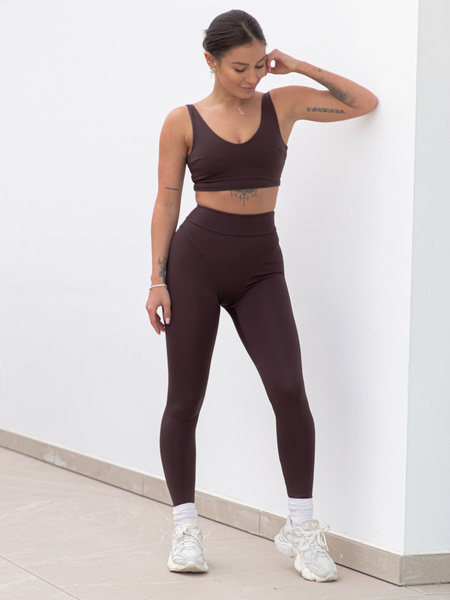 FITNESS / SIŁOWNIA / JOGA dopasowane SPODNIE legginsy z wysokim stanem z przeszyciami czekoladowe F106