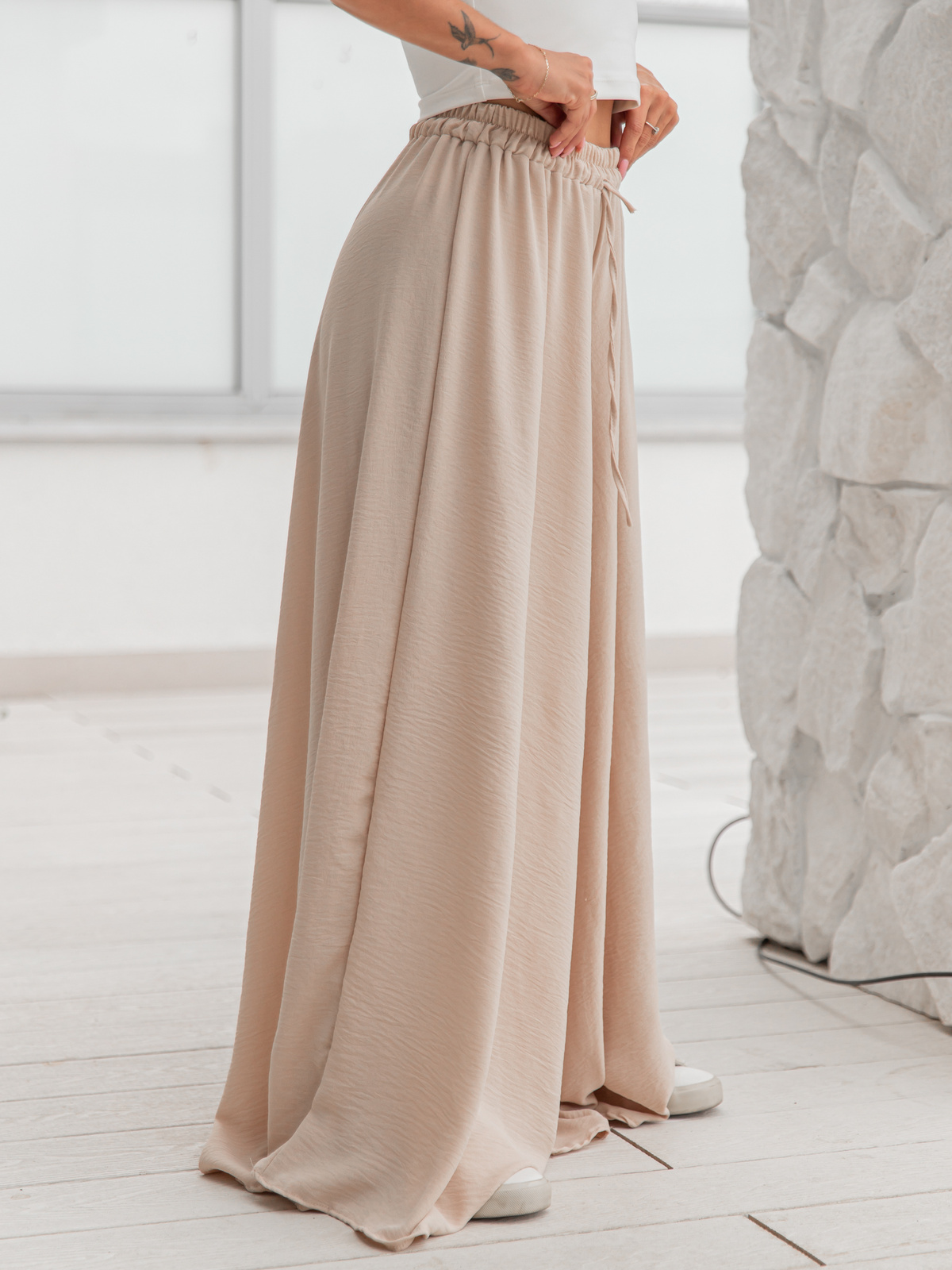 Maxi SPÓDNICA SPODNIE szeroka ze zwiewnej tkaniny strukturalnej beżowa X62 k01