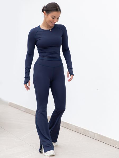 FITNESS / SIŁOWNIA / JOGA dopasowane SPODNIE legginsy z rozszerzanymi nogawkami z wysokim stanem navy blue F103