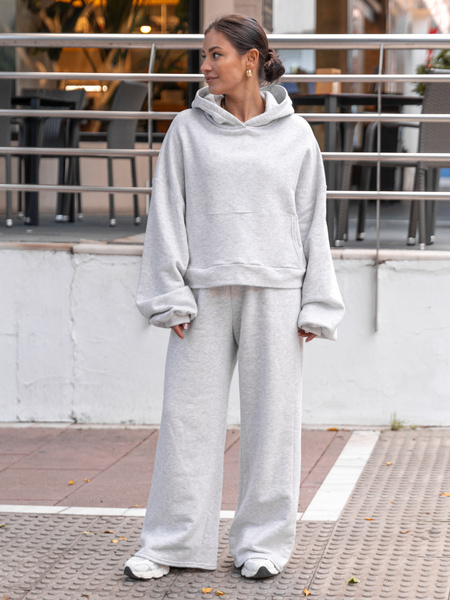 Bawełniane dresowe SPODNIE szeroki krój bez ściągaczy z dresu drapanego szary melanż X512