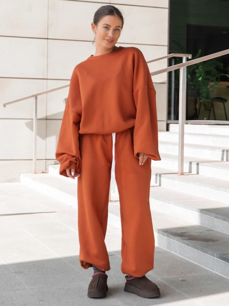 Dresowe bawełniane SPODNIE baggy niski stan dark pumpkin orange X403 k01