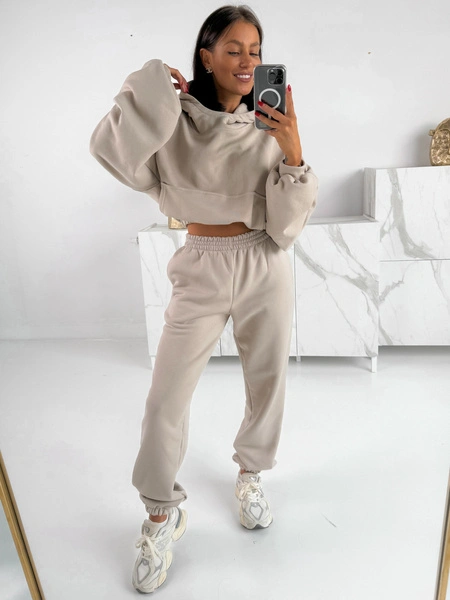 Dresowe bawełniane SPODNIE z wysokim stanem luźny krój ze ściągaczami stone E341