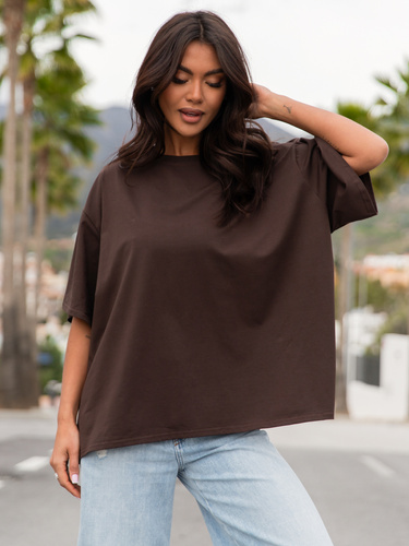 Bawełniany luźny szeroki T-SHIRT z krótkim rękawem czekoladowa X30