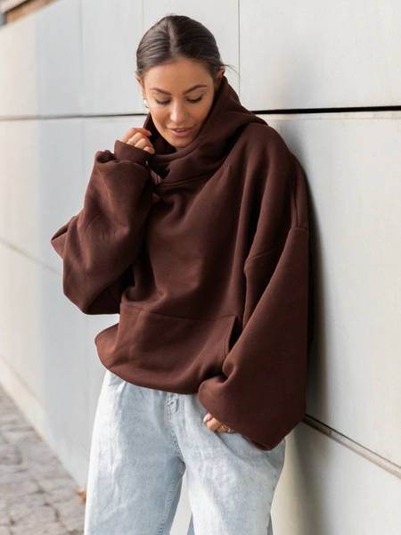 Viralowa Bawełniana BLUZA z drapanego dresu z kapturem na stójce z kieszeniami kangurka brązowa E1