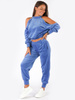 WELUROWY DRES KOMPLET BLUZA ODKRYTE RAMIONA+SPODNIE niebieski B178 k01