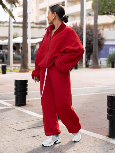 Oversizowa bawełniana BLUZA z dresu drapanego na stójce z zamkiem czerwona X477