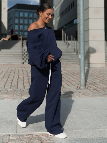 Dresowa bawełniana BLUZA opuszczana na ramiona oversize szeroka navy blue X400