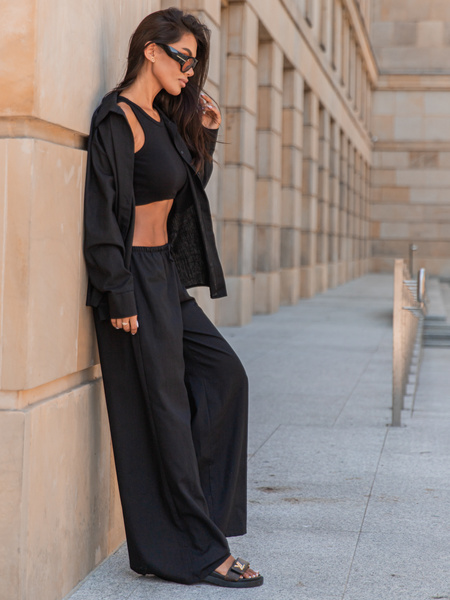 Lniane luźne długie SPODNIE z niższym stanem czarne X251 k01