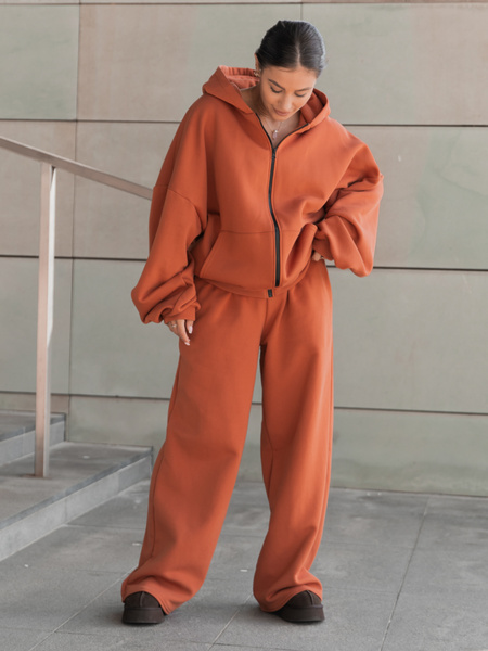 Dresowe bawełniane SPODNIE  z szerokimi nogawkami pumpkin orange X31