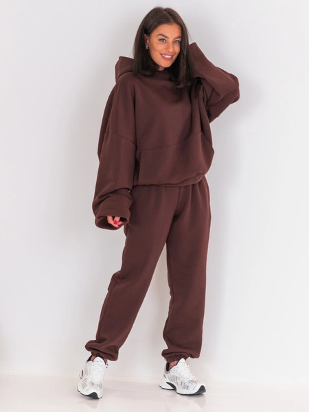 Dresowe bawełniane SPODNIE z wysokim stanem luźny krój ze ściągaczami brązowe E341