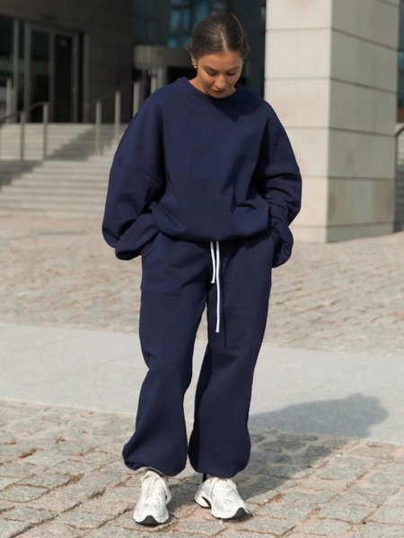 Dresowe bawełniane SPODNIE baggy niski stan navy blue X403