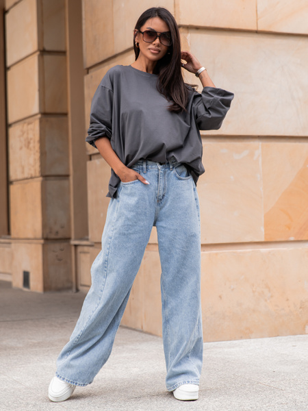 Oversizowy T-SHIRT bluzka z długim rękawem z bawełny grafitowy X313