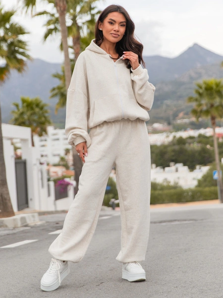 Dresowe bawełniane z lnem SPODNIE baggy beż melanż E643 k01