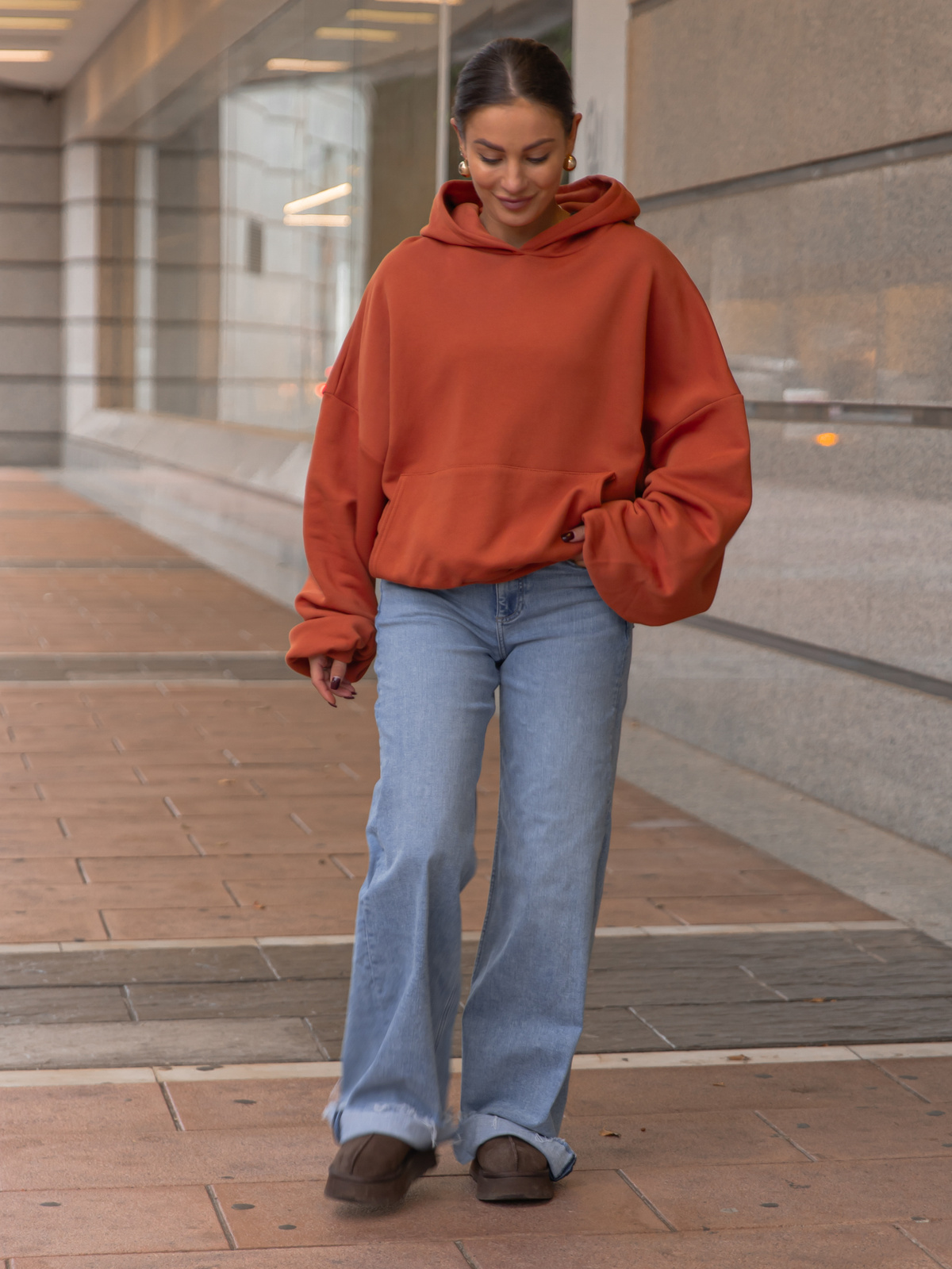 Viralowa Dresowa bawełniana BLUZA z kapturem oversize szeroka dark pumpkin orange E644