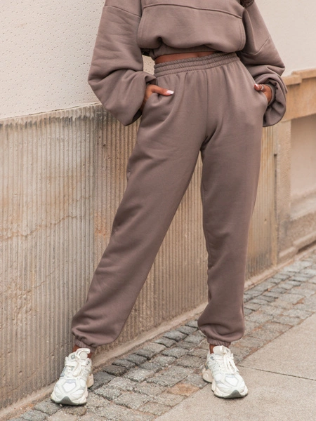 Dresowe bawełniane SPODNIE z wysokim stanem luźny krój ze ściągaczami coffee E341 k01
