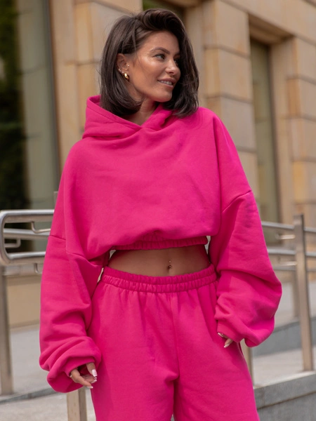 Dresowa bawełniana BLUZA kangurka z kapturem o krótszym kroju bluzowana różowa X304 k01